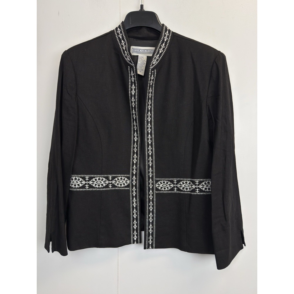 Jessica Howard Blazer Women's 16 Black Linen Blend Embroidered Jacket Boho‎ Fall
